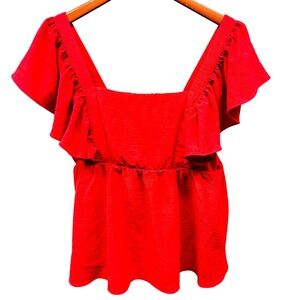 Nine Britton Peplum Top Ruffle Square Neck Women's XL Red Flutter Sleeve